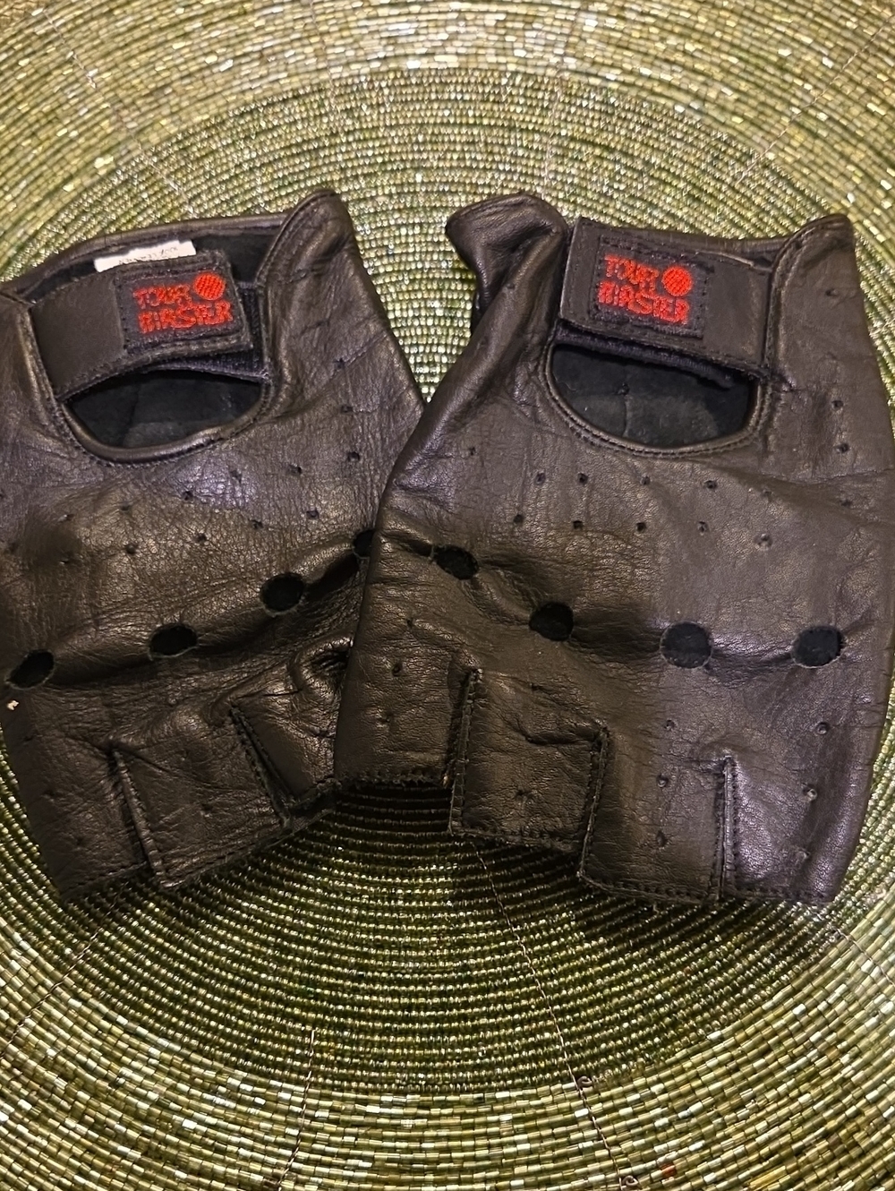 Unisex Black Half-Finger Leather Driving Gloves with Red Logo